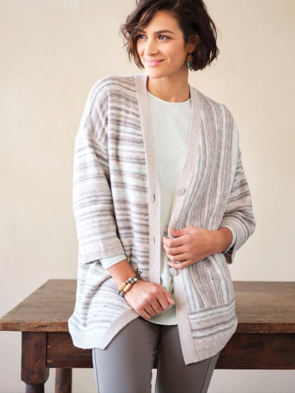 Pure Jill Cotton Blend 3/4 Sleeves Knit Button Cardigan Size S Oversized Lounge